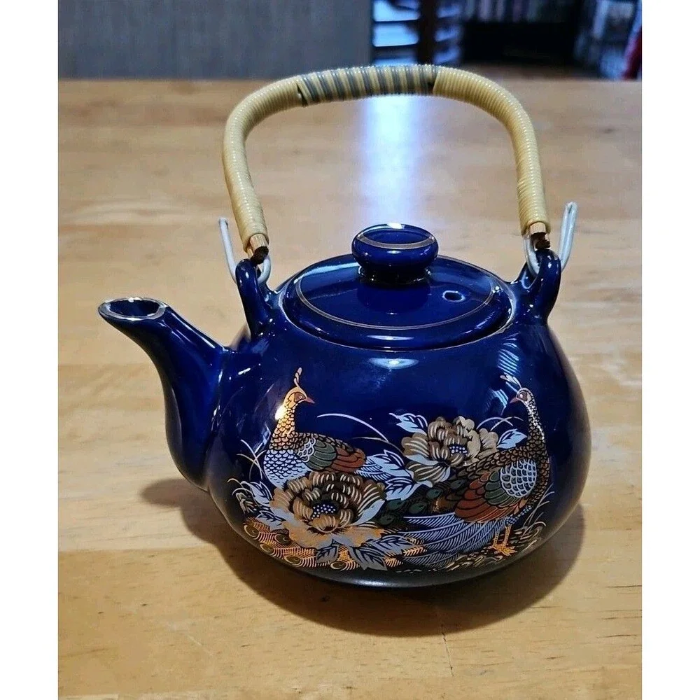 Vintage Japanese Cobalt Blue Tea Set With Gold Peacock Design - Teapot W/ 4 Cups